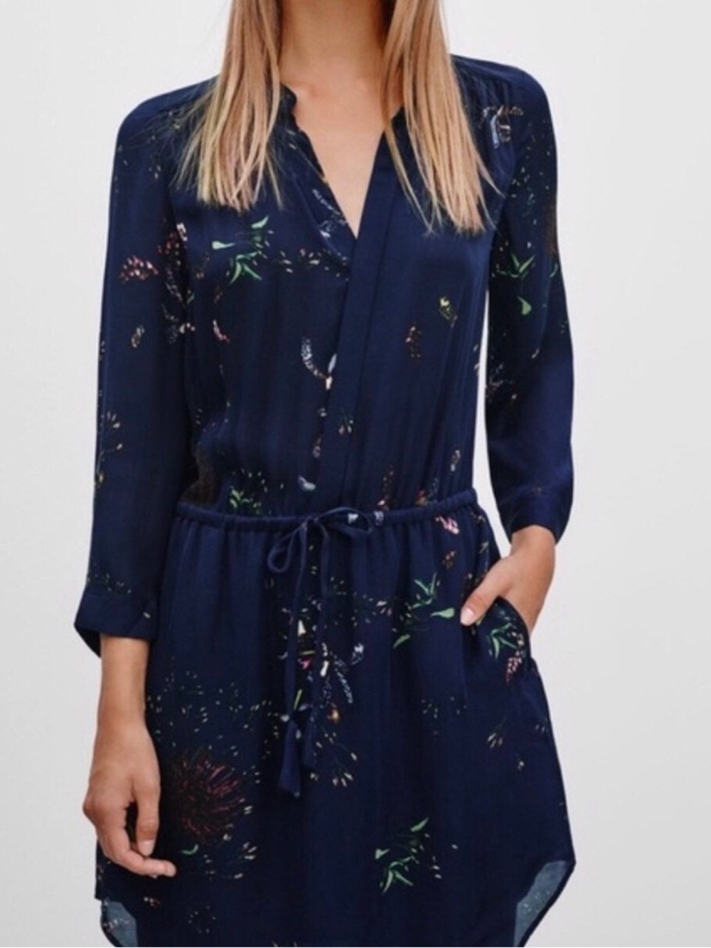 Babaton Navy Floral Long-Sleeve Drawstring Waist Dress - Picture 3 of 9